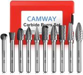 CAMWAY 10pcs Carbide Burrs Set - 1/4" Shank Die Grinder Carbide Bits, Rotary Tungsten Cutting Burrs Bits for Polishing Engraving Drilling Metal,Wood,Steel,Copper,Aluminum