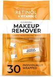 Retinol + Vitamin C Individually Wrapped Makeup Remover Wipes, travel essentials for Travel & On the Go, women facial cleansing towelettes, removes makeup mascara & sunscreen - 30 single face wipes