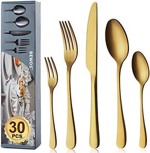 BEWOS Juego de cubiertos para 6 personas, juego de cubiertos de titanio dorado de 30 piezas que incluye cuchillo, tenedor, cuchara, cubiertos de acero inoxidable, apto para lavavajillas (oro mate)