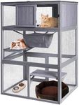 Akinerri Wooden Cat House Outdoor Cat Enclosure with 3 Floors and Weatherproof Roof Indoor Large Cat Catio for Cats with Hammock & Resting Box, grey