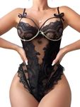 ZooChest Lingerie Sets for Women UK Black Lace Bodysuit Ladies Lingerie Body Suits for Women Sets V Neck Chemise Strappy Underwear L