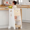 COSYLAND Toddler Standing Tower Adjustable Height - Super Stable Kids Kitchen Stool Helper - 3 Levels Adjustable Wooden Toddler Kitchen Stool (Natural & White)