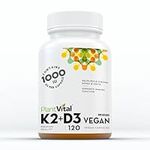 PlantVital High-Potency Vegan Vitamin D3 + K2 - (1000IU /25 mcg + 120 mcg) for Bones, Teeth, Good Health, and Immune System - Patented MK7 Form - K2 D3 vitamin - 4 Months Supply - 120 Capsules.