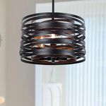 CHABEI 12.6'' Farmhouse Dining Room Light Fixture, 3-Light Metal Drum Chandelier, Black with Retro Wood Texture Interior(12.6"/3-Light)