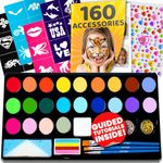 28 Colour Face Painting Kit for Kids - Blue Squid Face Paint Kit Palette with 160pc accessories - Stencils, Water Activated Non Toxic Washable Professional Facepaint body set Halloween Party Makeup