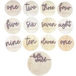 Baby Monthly Milestone Cards, 3D Premium Wooden Discs for Baby Photos and Pregnancy Journey plus BONUS Hello World Sign for Birth Announcement and Documenting Growth, Light Wood Photo Props (13 pcs) Baby Shower and Gender Reveal Gift (Purple)