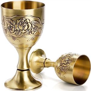 DEAYOU 2 Pack Vintage Chalice Goblet, Flower Embossed Gold Communion Cup, Food Safe Sturdy Brass Shot Wine Glass for Liquor, Ritual, Buddha, Altar, Wedding, Blessing, Royal Medieval Decor, 5 OZ/1 OZ