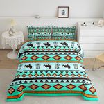 Teens Southwest Indian Comforter Set, Western Cowboys Comforter Rustic Farmhouse Horse Bedding Sets Queen,Aztec Geometry Vintage Tribal Duvet Insert Native American Decor,Turquoise Boho Western Decor