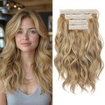 REECHO Hair Extensions, 4PCS Clip in Hair Extensions 14" Short Beach Wavy Hair Extensions Invisible Lace Weft Natural Soft Hairpieces for Women – Golden Blonde with Highlights