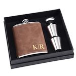 Personalized Flask for Men, 8 oz 304 Stainless Steel PU Leather Hip Flask Gift Set, Engraved Custom Hip Flask for Wedding Bachelor Party, Birthday Gift, Valentine Gift (Brown)