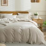 JELLYMONI Cream Grey 100% Washed Cotton Linen Like Textured Duvet Cover Set, 3pcs Luxury Soft Bedding Set with Buttons Closure. Solid Color Pattern Duvet Cover Queen Size(No Comforter)