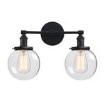 Phansthy Vintage Wall Light Fixtures with Globe Clear Glass Shade Double Lights Wall Sconces Lighting Switched Indoor Rustic 2 Head Wall Lamps for Living Room Bedroom Vanity Mirror (Black)