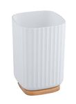 WENKO Rotello toothbrush mug, mouthwash tumbler made of plastic and base made of bamboo, storage option for toothbrushes with easy-grip grooved structure, Ø 8.6 x 11.1 cm, white/natural