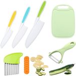 QINGHEC Plastic Kitchen Knife Set, 6 Pieces Knifes for Kids, 3 Colorful Kids Safety Knives, Paring Knife, Potato Slicer, Plastic Cutting Board for Lettuce Salads or Cakes (Green)