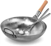 YOSUKATA Silver Round Bottom Wok Pan – 14" Woks and Stir Fry Pans + 17’’ Wok Spatula and Ladle - Set of 2 Heat-Resistant Wok Tools - Universal Wok Ladle Flat Bottom Pow Wok