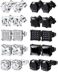 Finrezio 10 Pairs Mens Orecchini in Acciaio Inossidabile Orecchini Perno Nero Cubic Zirconia Orecchini Perno Quadrato Rotondo Orecchini Ipoallergenico per Gli Uomo Ragazzo