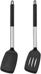 Vicloon Silicone Spatula, 2 Pcs Silicone Solid Turner, Non Stick Slotted Spatula Set, High Heat Resistant BPA Free Cooking Utensils, Black Silicone Spatula for Fish, Egg, Pancake - Silicone