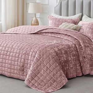 BEDELITE Velvet Quilt Set King Size - Lightweight Luxury Quilted Bedding Set,Soft Cozy Dusty Pink Comforter Set,3 Pieces Oversized Bedspread Coverlet for All Seasons with 2 Pillow Shams