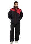 linenaffairs Raincoat 100% for Men Waterproof for Bike Riders with Adjustable Hood Along with Inner Pockets, Suit with Polyester Jacket,Pants Drawstring Bag(JS - 304_XL_Red&Black) Jacket and Pants