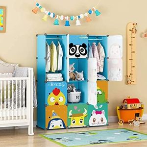 KOUSI Portable Kids Wardrobe Children Dresser Hanging Storage Rack Clothes Closet Bedroom Armoire Cube Organizer Formaldehyde-Free Furniture, Blue, 8 Cubes&2 Hanging Sections