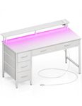 Seventable Computer Desk with Power Outlets & LED Light, 39 inch Home Office Desk with 5 Drawers, Writing Desk with Monitor Stand, Work Desk for Home Office, White