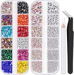 Mixed Color + AB and Clear Round Rhinestones for Nails Kit, Flatback Colorful Iridescent Chameleon Glass Crystal Gem for Professional DIY Manicure with Pickup Pencil Tweezer