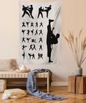 Lunarable Taekwondo Tapestry, Silhouettes of Martial Arts Professional Hobby Activities Print, Fabric Wall Hanging Decor for Bedroom Living Room Dorm, 23" X 28", Grey Yellow