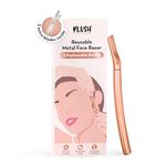 Plush Reusable Metal Face & Eyebrow Razor For Women | Rose Gold Finish Zinc Body | 3 Additional Blades for Painless Facial Hair Removal | For Eyebrows, Upper Lip, Forehead & Chin | For All Skin Types