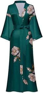 Women's Long Silk Robes Long Satin Robes Long Kimono Robes Floral Silky Bathrobes Dressing Gown, One Size, Dark Green, One Size