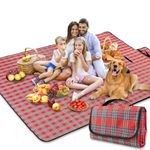 SOMIYAMI Picnic Blanket Waterproof, Tartan Camping Blanket, Picnic Mat With Carrying Handle, Garden Outdoor Beach Blanket Washable Multipurpose Camping Blanket 150 x 200cm (Red)