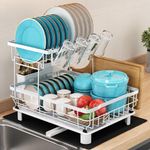 MAJALiS Dish Drying Rack, 2 Tier Dish Drainer Rack with Drip Tray and Drainer Mat, Stainless Steel Dish Rack with Utensil Holder, Swivel Spout, Draining Board for Kitchen Counter, White