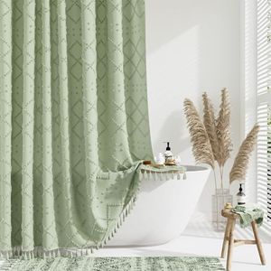 Dynamene Stall Fabric Shower Curtain, 54x78 Inch Boho Tufted Geometric Striped Shower Curtains for Bathroom, Modern Farmhouse Tassel Shower Curtain Set with 10 Hooks, Machine Washable, Sage Green