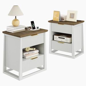 HIFYOBRO Fluted Nightstands Set of 2 with Charging Station & Motion Sensor Light, Modern Bedside Tables with 2 Drawers and Storage Shelf for Bedroom, White