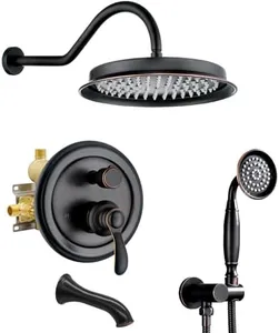 Homekicen Antique Shower System with Tub Spout: 9 inch Vintage Rain Shower Faucet, Wall Mount Rainfall Head and Handheld Spray, 3 Way Diverter Brass Valve with Trim Kit, Oil Rubbed Bronze