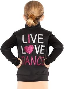 STRETCH IS COMFORT Girl's Warm Up Jacket Black Pink and Silver Live Love Dance Large