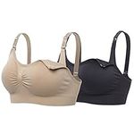 Lataly Womens Sleeping Nursing Bra Wirefree Breastfeeding Maternity Bralette, Blackbeige, L Fit 34DD 36D 38C 38D 40B 40C