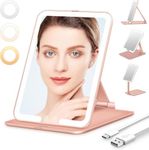 Auxmir Rechargeable Makeup Vanity Mirror, Portable Travel Mirror, 3 Color Lighting, Dimming Touch Screen, Folding Rotating Lighted Beauty Mirror with Stand for Home, Travel(Rose Gold)