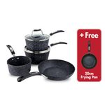 Scoville NEVERSTICK 4+1 Piece Cookware Set, Non Stick Pots & Pans Set, 16cm Milk Pan, 18 & 20cm Saucepans, 24cm Frying Pan, Free 20cm Frying Pan, Suitable for All Hobs, Aluminium, PFOA Free, Black