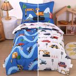 Wowelife Cars Toddler Bedding Sets for Boys and Girls 4 Pieces Cars Toddler Comforter Toddler Bed Set Blue White Kids Comforter Set with Comforter, Flat Sheet, Fitted Sheet and Pillowcase