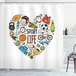 Sports Decor Shower Curtain Set, Heart Figure with Sports Icons Swimming Skating Muscle Good Lifestyle Healthy Living Design, Bathroom Accessories, 75 Inches Long, Multi