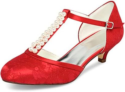 JIAJIA 01129 Women's Bridal Shoes Closed Toe T-Strap 1.8'' Low Heel Lace Satin Pumps Imitation Wedding Shoes Colour Red,Size 9 B(M) US/40 EU