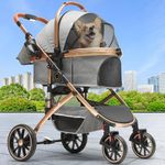 YITAHOME Dogs Pram, Pet Stroller 3-in-1, One-Click Foldable Dog Stroller, Dogs Pushchair with Detachable Carrier Storage Basket Cup Holder Removable Hanging Bag, Car Seat, Dog Buggy (Grey)
