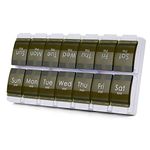 MOLN HYMY AM PM Pill Box Organizer 2 Times a Day, Vitamin Holder, Push Buttons, Removeabale Trays, Large Compartments, Arthritis Friendly, Clear Lids (Green)