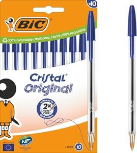 BIC Cristal Original Bolígrafos de Punta Media (1,00 mm) con Tapón y Capuchón a Juego - Azul, Caja de 10