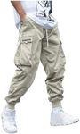 OYOANGLE Men's Casual Drawstring Elastic Waist Flap Pocket Letter Graphic Street Jogger Cargo Pants Light Apricot Large