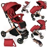 Lightweight Stroller, Baby Pushchair, Compact Travel Buggy, One Hand Foldable, Upgraded Weheels, Four Seasons Stroller, Foot Cover, Mommy Bag, Rain Cover (Red - Rose Gold Frame)