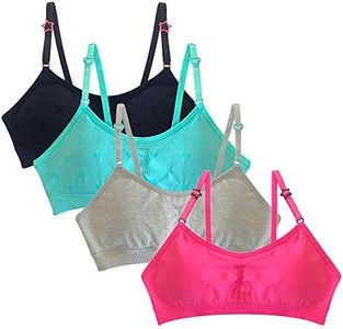 Popular Girls Padded Training Bra Pack – Crop Cami Training Bras for Girls. Seamless Bra Design with Removable Padding, Black, Hot Pink, Grey, Aqua, 14 Years