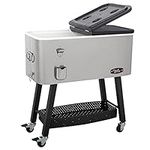 CreoleFeast CL8001S 80-Quart Premium Rolling Cooler, Stainless Steel Portable Cold Drink Beverage Cooler Cart for Outdoor Patio, Tailgating, Poolside BBQ Party, Silver