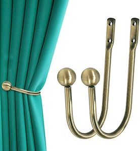 Curtain Holdback, 2 Pcs Wall Mounted Drapery Tiebacks with Screws, Heavy Duty Metal Decorative Window Drapery Holder Curtain Hook, Brass