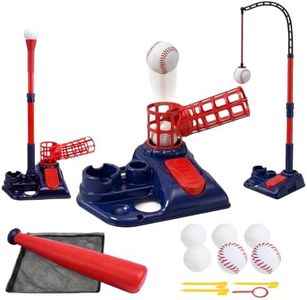 3-in-1 Baseball Soft Toss Machine Set for Kids 3-8, T Ball Set with Step-On Pitching Machine, Adjustable Baseball Tee, Hanging Stand & 6 Balls - Outdoor Sport Gifts for Boys Girls